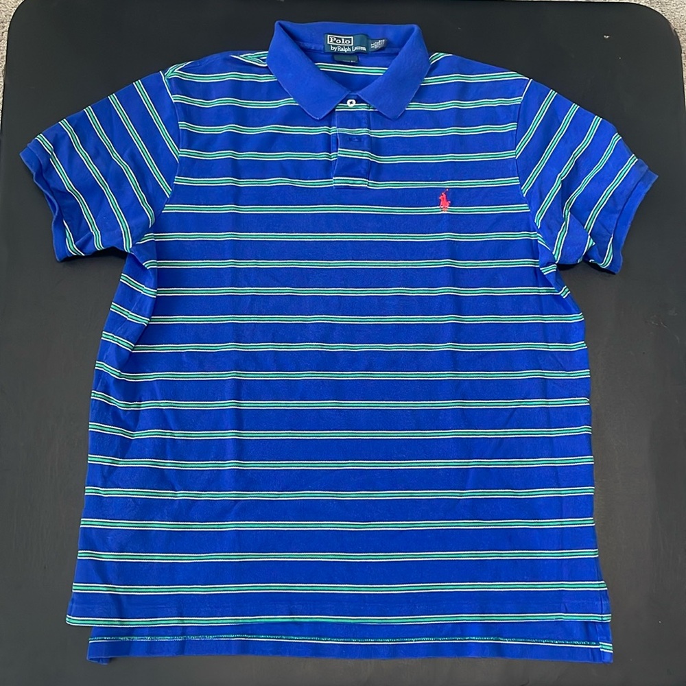 VGC Polo Ralph Lauren Blue with Green Stripe Polo - Size XL